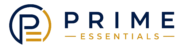 A logo-style graphic reading PRIME ESSENTIALS, with a stylized dark blue and gold circular emblem on the left and dark blue and gold text on a white background.
