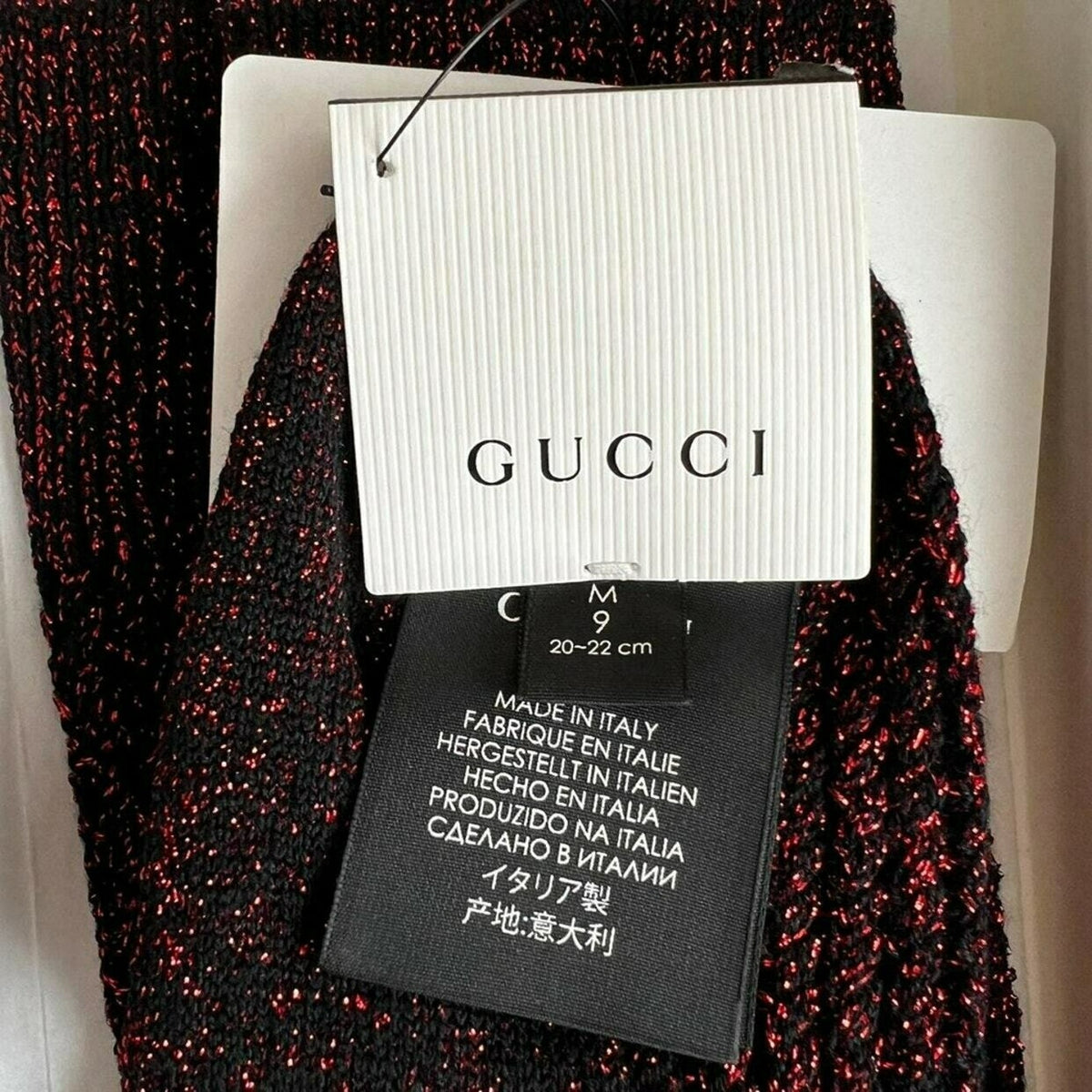 Gucci Wool Crew Socks Metallic M9 Red Black Luxury Comfort