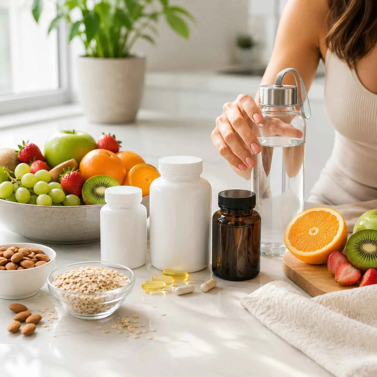 Person holding a water bottle with health-related items like fruits, nuts, and supplements on a table.
